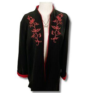 PENNINGTONS Black red floral embroidered open-front mandarin collar jacket 1X 2X